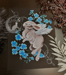 Celestial Hare Hand-painted Art Print, Winged Angel Bunny with Forget-Me-Nots, Dark Fantasy Animal Decor