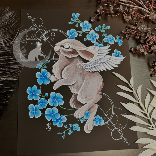 Celestial Hare Hand-painted Art Print, Winged Angel Bunny with Forget-Me-Nots, Dark Fantasy Animal Decor