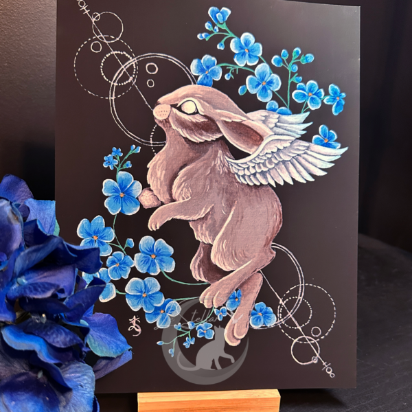 Celestial Hare Hand-painted Art Print, Winged Angel Bunny with Forget-Me-Nots, Dark Fantasy Animal Decor