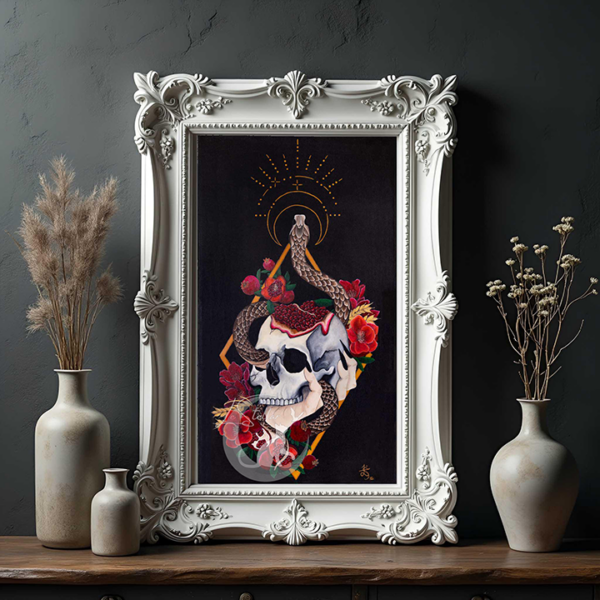Persephone Art Print: Gothic Snake Skull Pomegranate Wall Decor