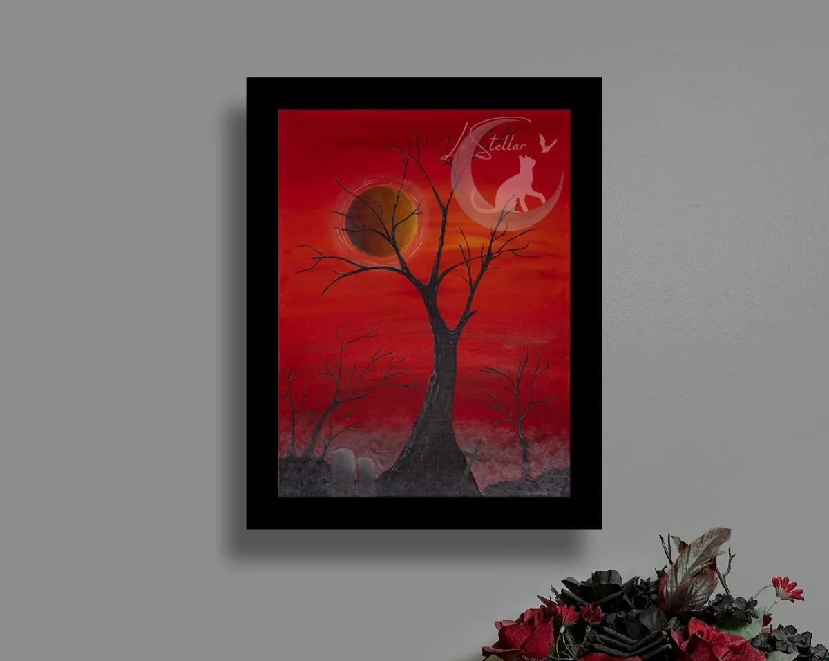 Spooky Red Tree Acrylic Painting with Blood Red Sky and Cemetery, Original Hand-Painted Art - Image 3