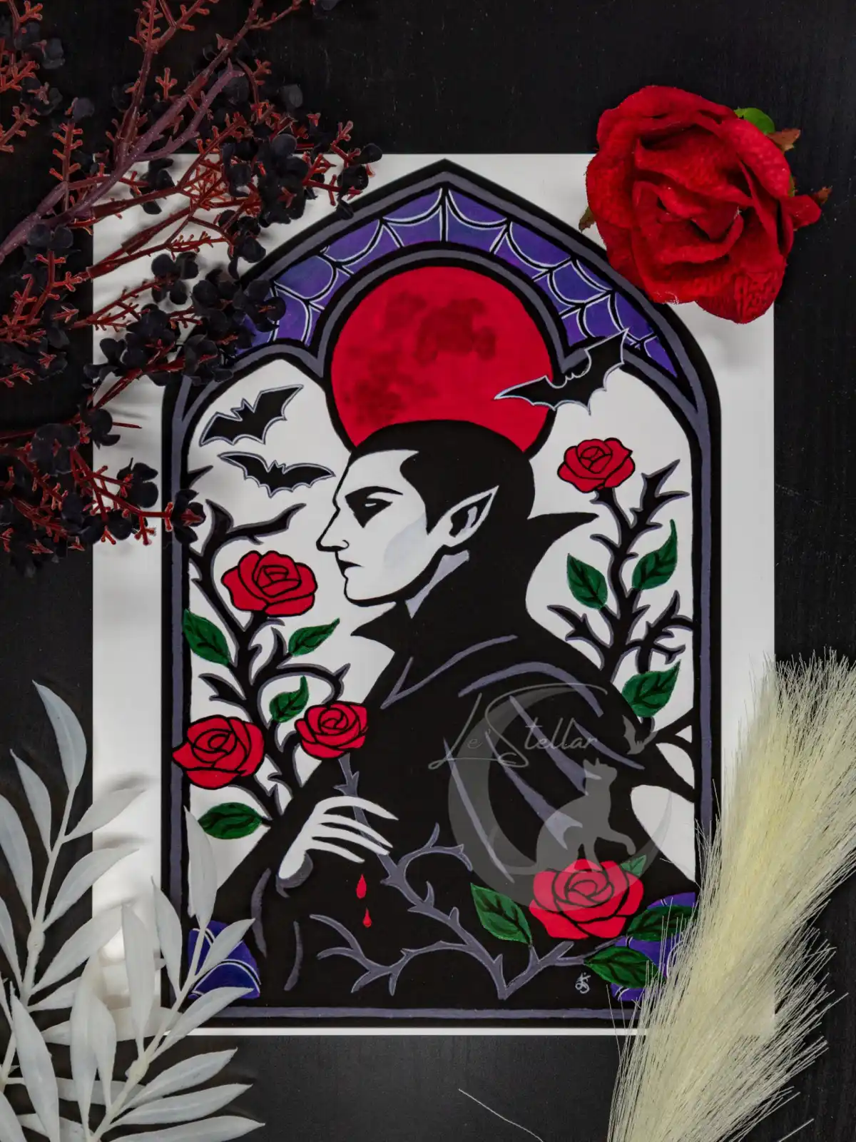 Painting of vampire with blood red moon and roses