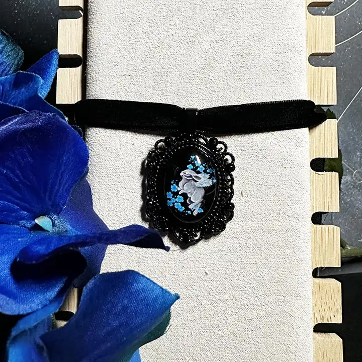Angel Rabbit Choker: Victorian Mourning Jewelry with Original Hand-Painted Artwork - Image 5