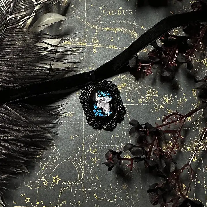 Angel Rabbit Choker: Victorian Mourning Jewelry with Original Hand-Painted Artwork - Image 6