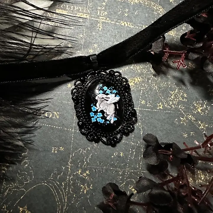 Angel Rabbit Choker: Victorian Mourning Jewelry with Original Hand-Painted Artwork - Image 7